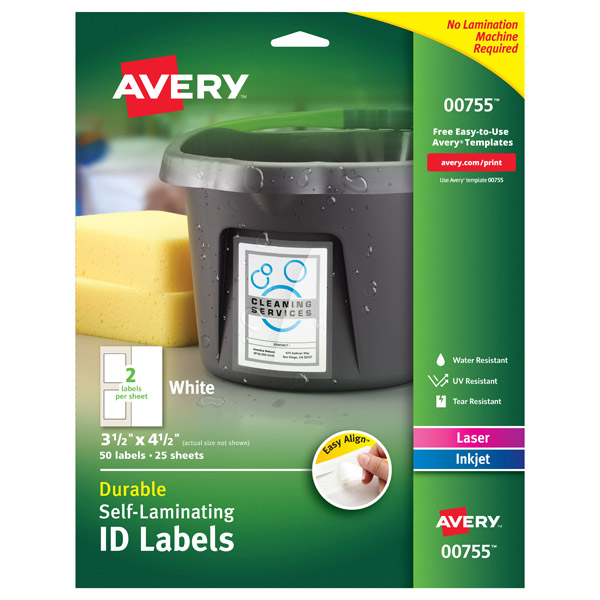 Avery® 00755 Easy Align® Durable Self-Laminating 3-1/2-inch x 4-1/2-inch ID Labels, 1 Case