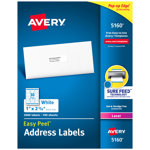 Avery® 5160 White Easy Peel® Address Labels 1-inch x 2-5/8-inch with Sure Feed™, 1 Case