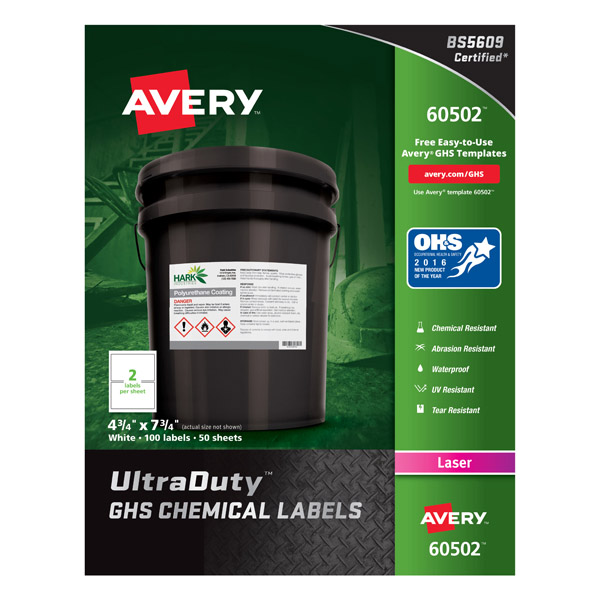 Avery® 60502 UltraDuty® GHS Chemical Labels 4-3/4-inch x 7-3/4-inch, 1 Case