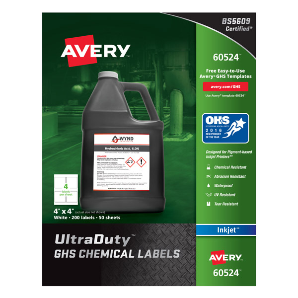 Avery® 60524 UltraDuty® GHS Chemical Labels 4-inch x 4-inch, 1 Case