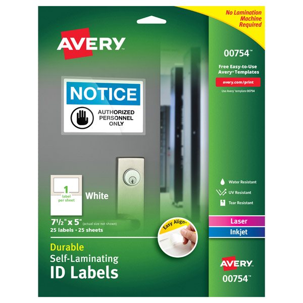 Avery® 00754 Easy Align® Durable Self-Laminating 5-inch x 7-1/2-inch ID Labels, 1 Case