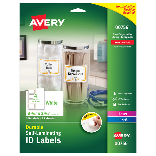 Avery® 00756 Easy Align® Durable Self-Laminating 2-5/16-inch x 3-5/16-inch ID Labels, 1 Case