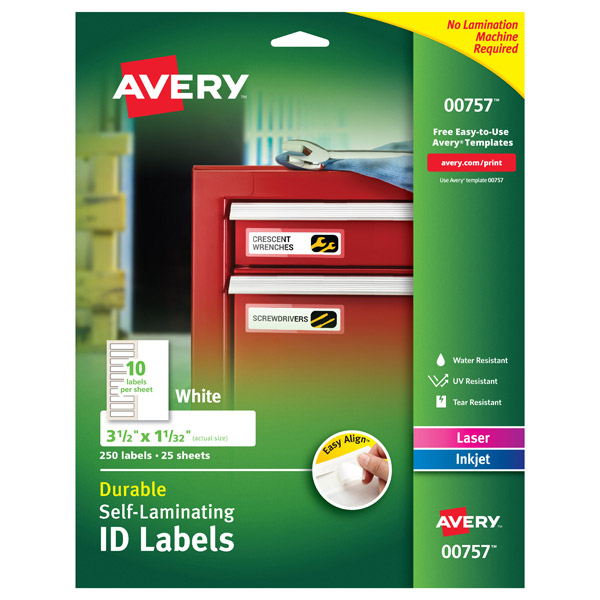 Avery® 00757 Easy Align® Durable Self-Laminating 1-1/32-inch x 3-1/2-inch ID Labels, 1 Case