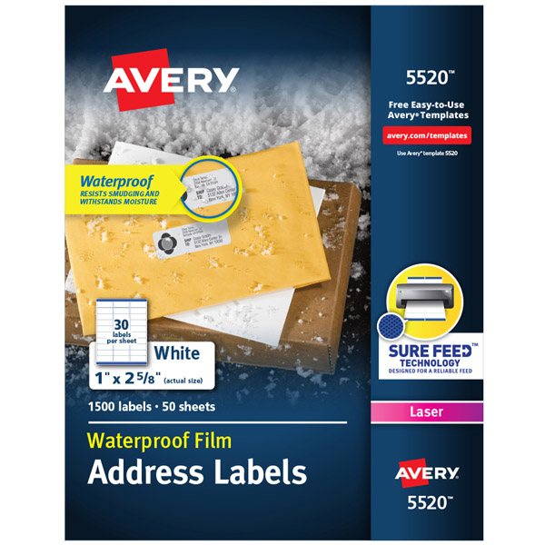 Avery® 5520 Waterproof Address Labels 1-inch x 2-5/8-inch with Sure Feed™ and TrueBlock® Technology, 1 Case