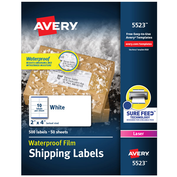 Avery® 5523 Waterproof Shipping Labels 2-inch x 4-inch with Sure Feed™ and TrueBlock® Technology, 1 Case