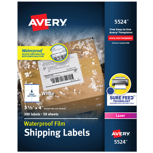 Avery® 5524 Waterproof Shipping Labels 3-1/3-inch x 4-inch with Sure Feed™ and TrueBlock® Technology, 1 Case
