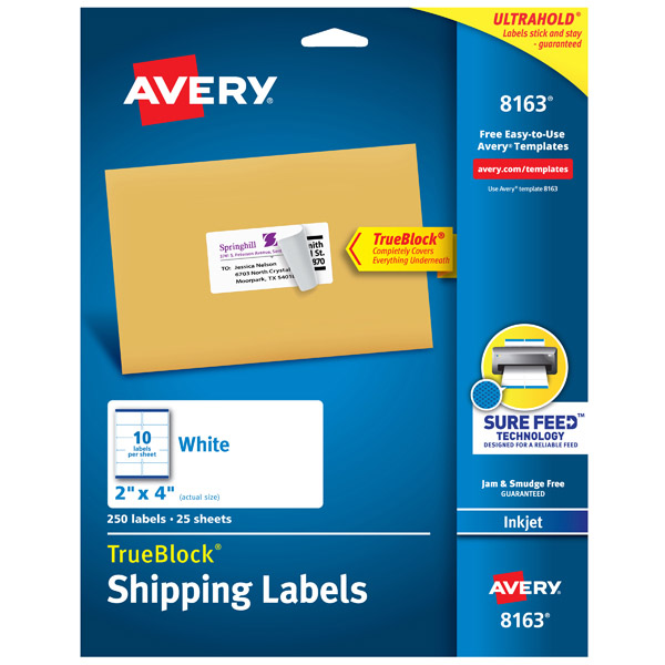 Avery® 8163 TrueBlock® Shipping 2-inch x 4-inch Labels with Sure Feed™, 1 Case