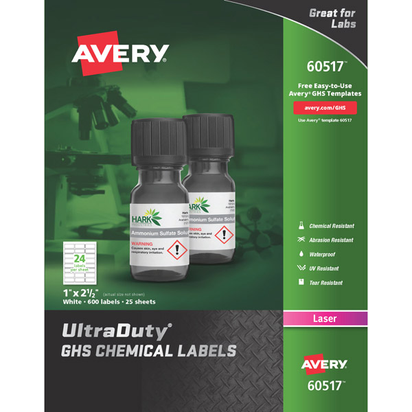 Avery® 60517 UltraDuty® GHS Chemical Labels 1-inch x 2-1/2-inch, 1 Case