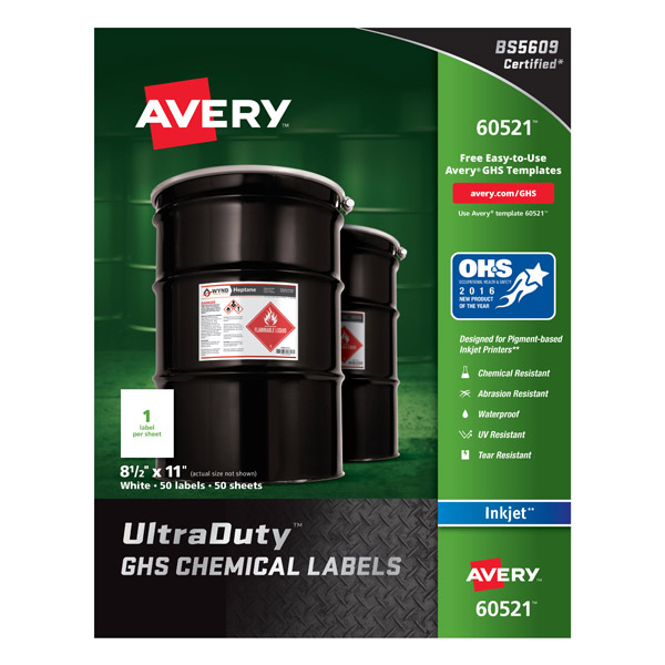 Avery® 60521 UltraDuty® GHS Chemical Labels 8-1/2-inch x 11-inch, 1 Case
