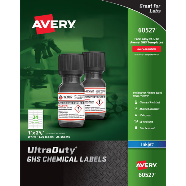 Avery® 60527 UltraDuty® GHS Chemical Labels 1-inch x 2-1/2-inch, 1 Case