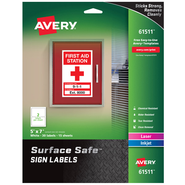 Avery® 61511 Surface Safe® Sign Labels 5-inch x 7-inch, 1 Case