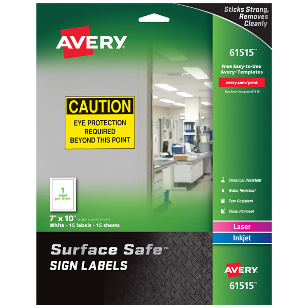 Avery® 61515 Surface Safe® Sign Labels 7-inch x 10-inch, 1 Case