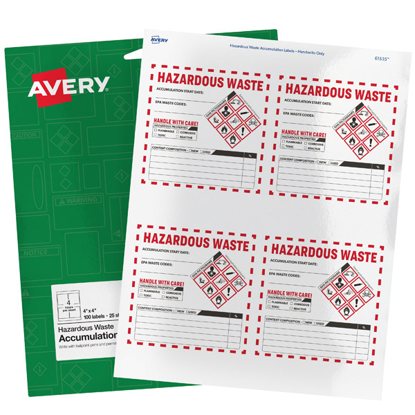 Avery® 61535 Preprinted Hazardous Waste Accumulation 4-inch x 4-inch Labels - Handwrite Only, 1 Case