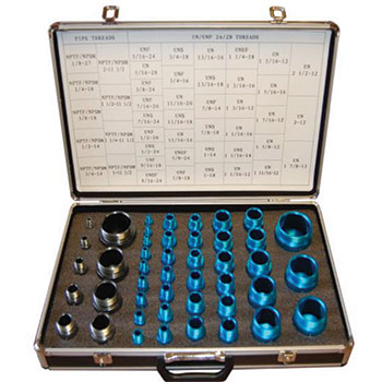 Thread Identification Kit containing over 50 of the most common BSP,  Metric, NPT and UN hydraulic fitting thread sizes in both male and female  configurations.