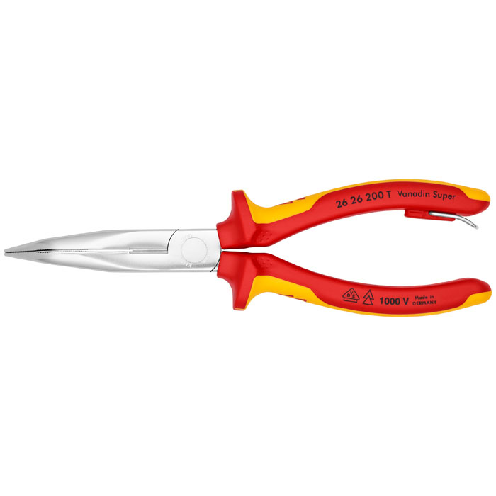 KNIPEX 26 26 200 T - Long Nose 40 Degree Angled Pliers with Cutter-1000V Insulated-Tethered Attachment