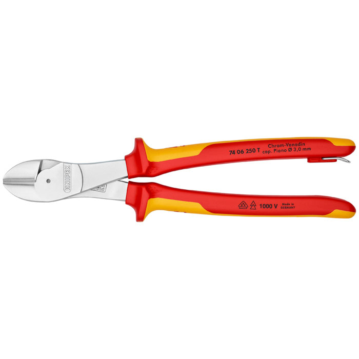 KNIPEX 74 06 250 T - High Leverage Diagonal Cutters-1000V Insulated-Tethered Attachment