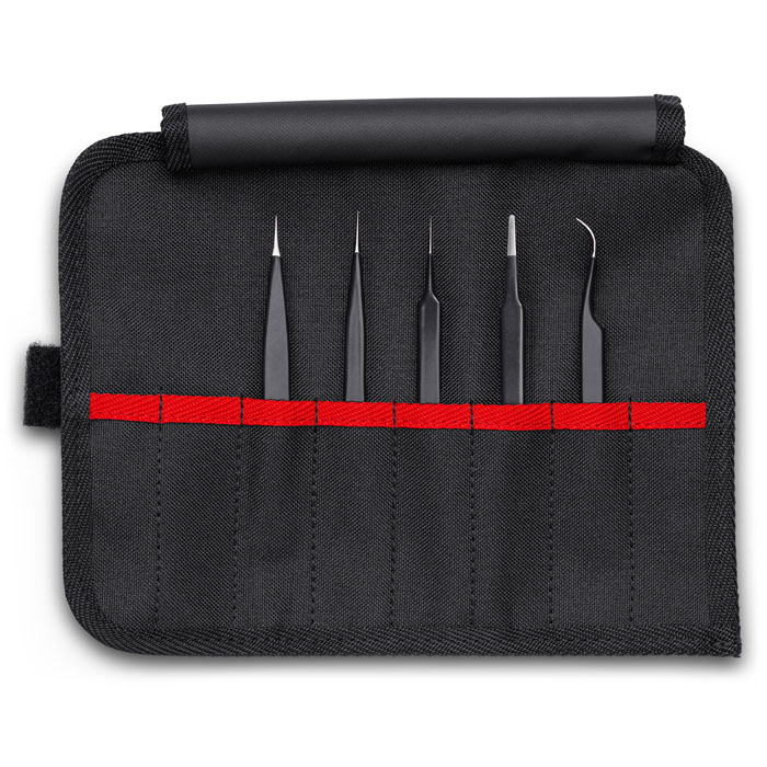 KNIPEX 92 00 01 ESD - 5 Pc Stainless Steel Tweezers Set in Tool Roll-ESD