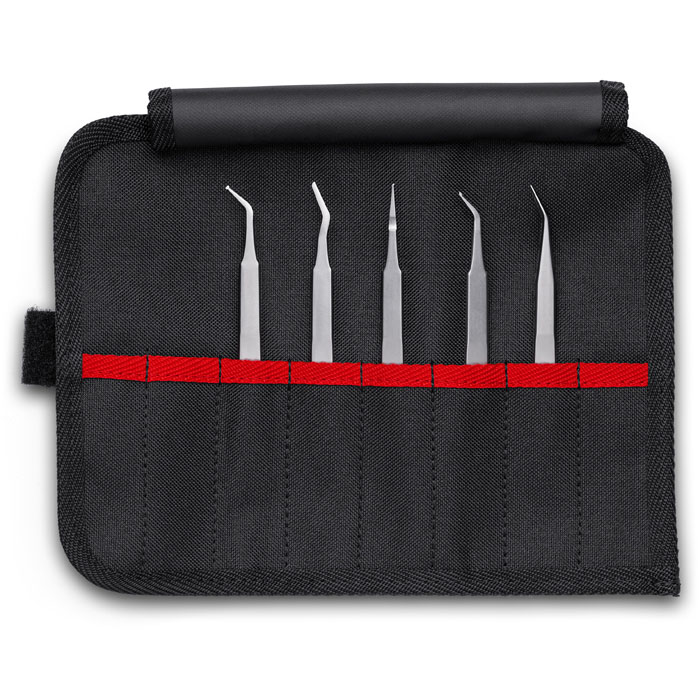 KNIPEX 92 00 03 - 5 Pc Stainless Steel Tweezers Set in Tool Roll-SMD